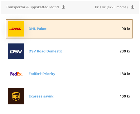Choose your carrier: DHL, DSV, FedEx, UPS